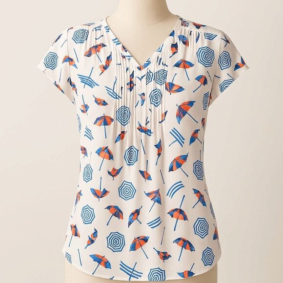 Talbots Petites SP Blouse – Beach Umbrella Print Red/White/Blue, Cap Sleeve - Picture 1 of 11